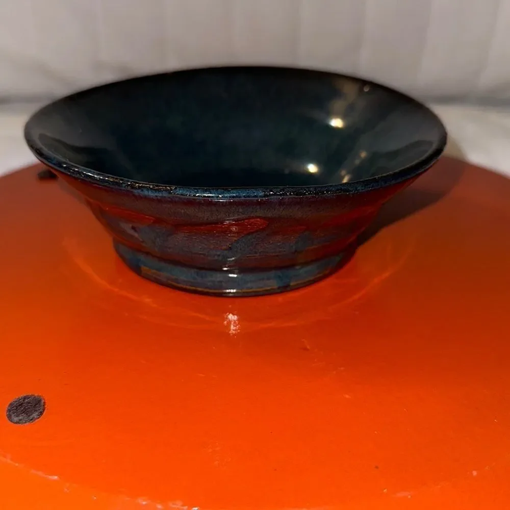 Handmade Clay Pot Trinket Dish Rust Teal Blue Green